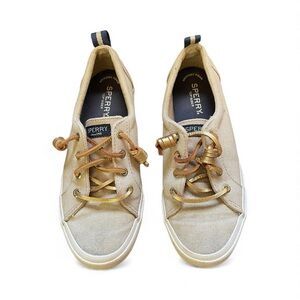 Sperry Women's Metallic Gold Canvas Slip on Sneakers with Gold Leather Laces 6